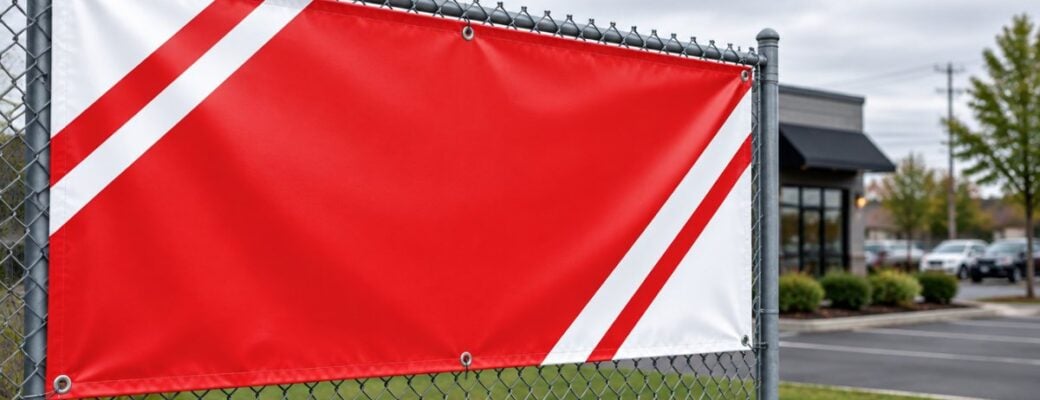 4x8 13oz vinyl banner with grommets on a chain link fence