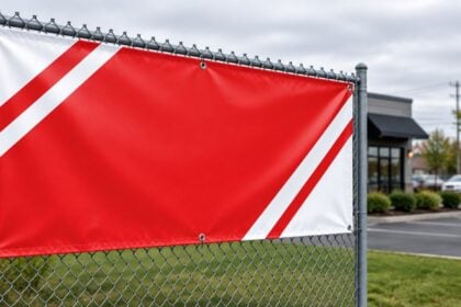 4x8 13oz vinyl banner with grommets on a chain link fence