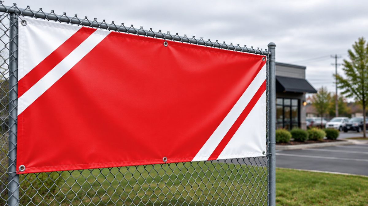 4x8 13oz vinyl banner with grommets on a chain link fence