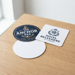 Custom printed 24pt coasters, 4in round and 4in square with rounded corners