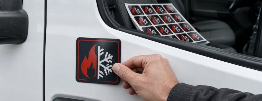Hand placing a 3x3 promotional magnet on a service van door