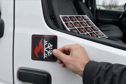 Hand placing a 3x3 promotional magnet on a service van door