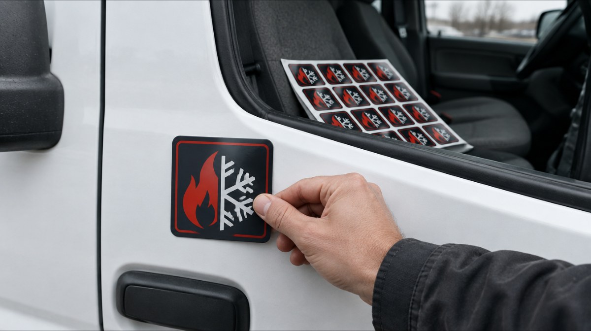 Hand placing a 3x3 promotional magnet on a service van door
