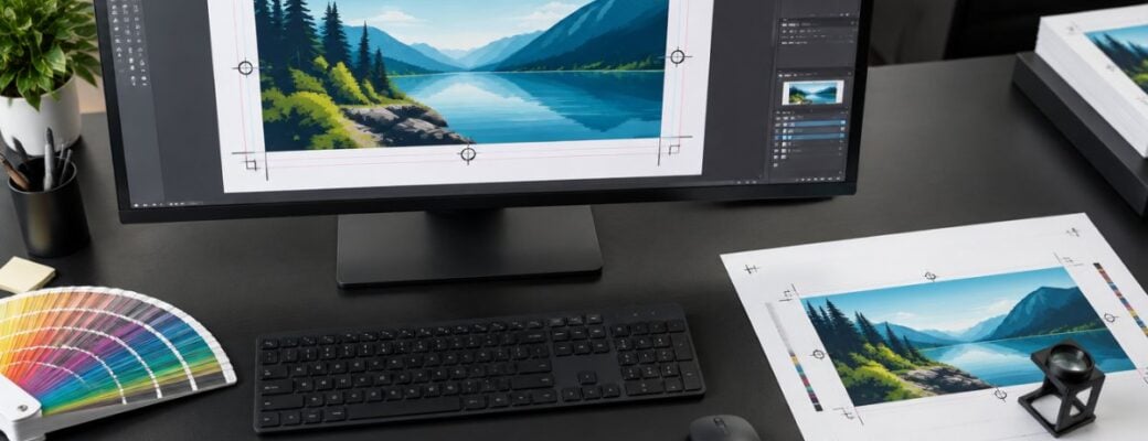 Prepress workstation with artwork showing bleed and crop marks and a printed proof