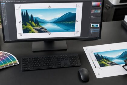 Prepress workstation with artwork showing bleed and crop marks and a printed proof