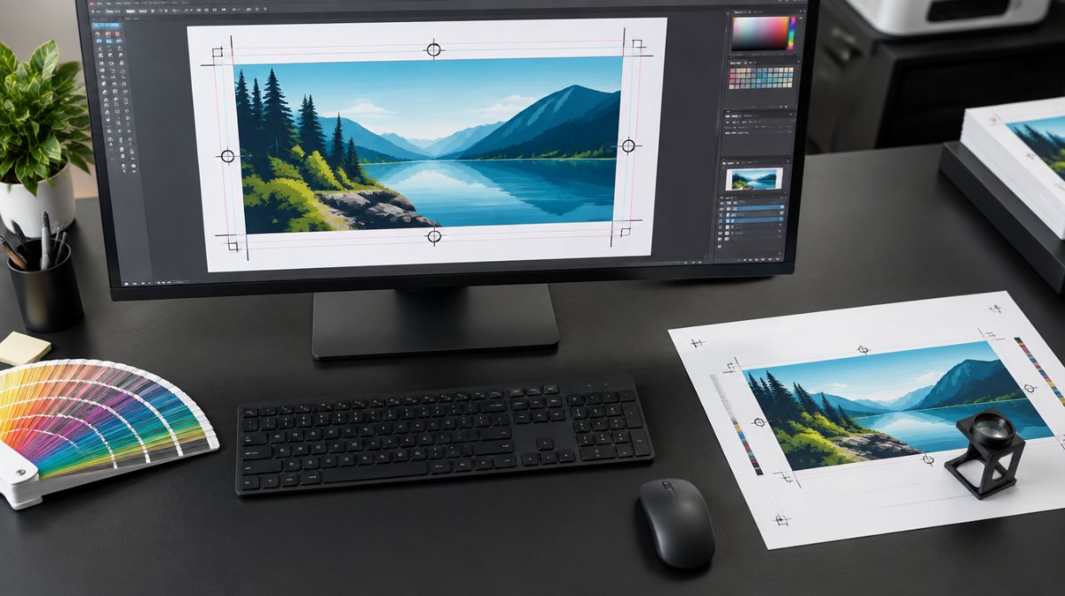 Prepress workstation with artwork showing bleed and crop marks and a printed proof
