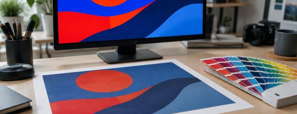 Monitor showing saturated artwork next to the duller printed version and a Pantone fan