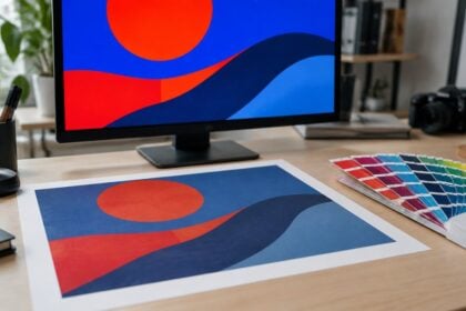 Monitor showing saturated artwork next to the duller printed version and a Pantone fan