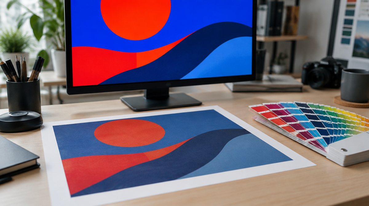 Monitor showing saturated artwork next to the duller printed version and a Pantone fan