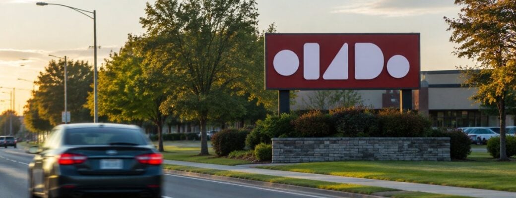 Large roadside sign letters seen from a car at driver eye level