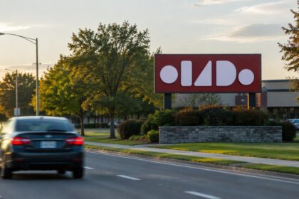 Large roadside sign letters seen from a car at driver eye level