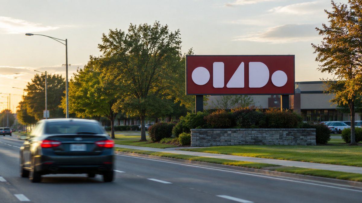 Large roadside sign letters seen from a car at driver eye level