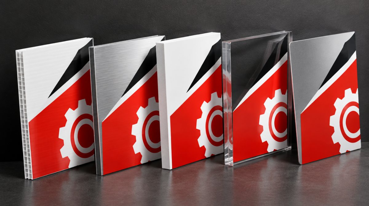Coroplast, ACM, PVC, acrylic and aluminum sign samples leaning in a row