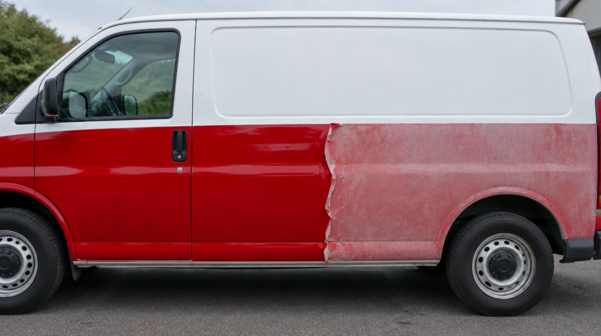 Wrapped van with the red wrap fresh on one half and faded and lifting on the other