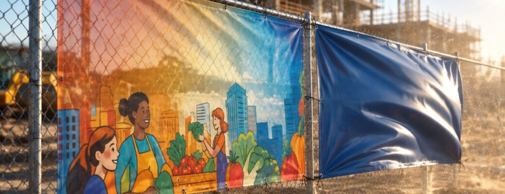 Mesh banner staying flat in wind beside a solid banner bellied out on a fence