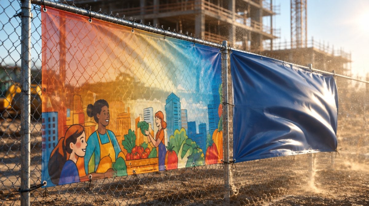 Mesh banner staying flat in wind beside a solid banner bellied out on a fence