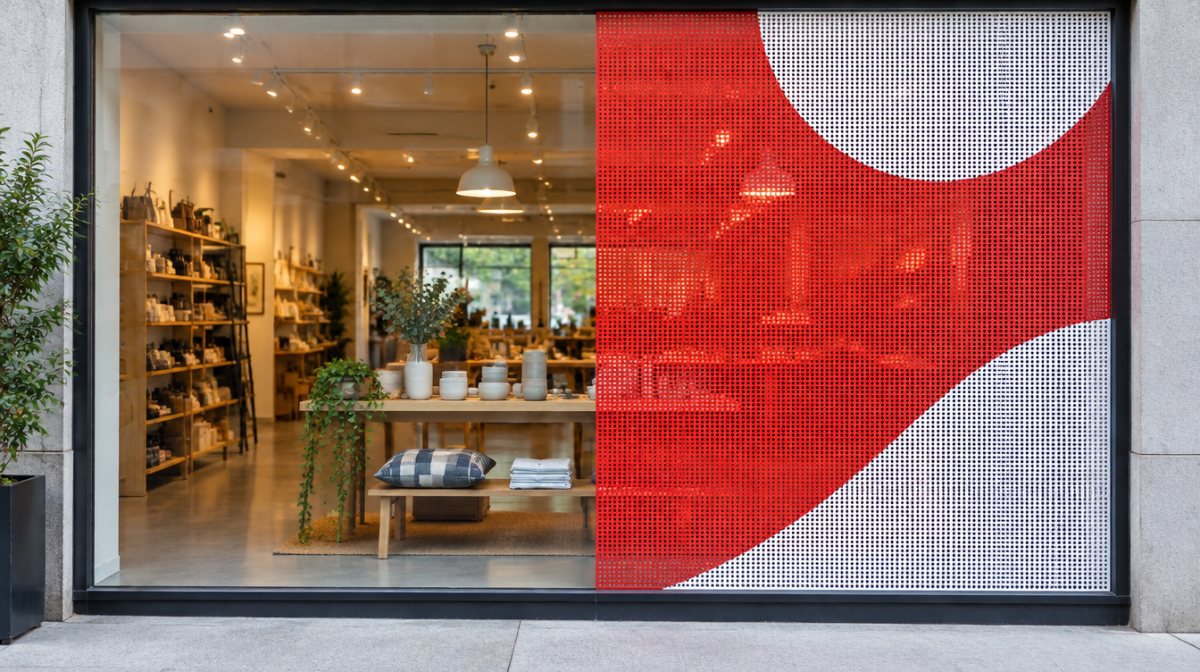 Storefront window, plain glass on the left and perforated window film on the right