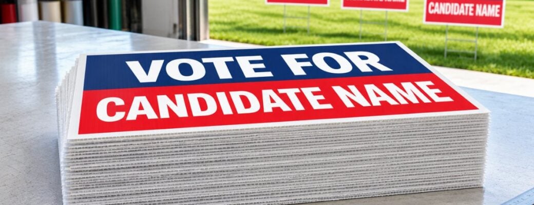 Stack of 24x18 corrugated plastic yard signs on a sign shop table with staked signs on the lawn outside