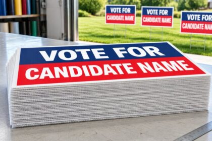 Stack of 24x18 corrugated plastic yard signs on a sign shop table with staked signs on the lawn outside
