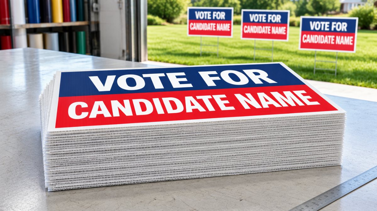 Stack of 24x18 corrugated plastic yard signs on a sign shop table with staked signs on the lawn outside